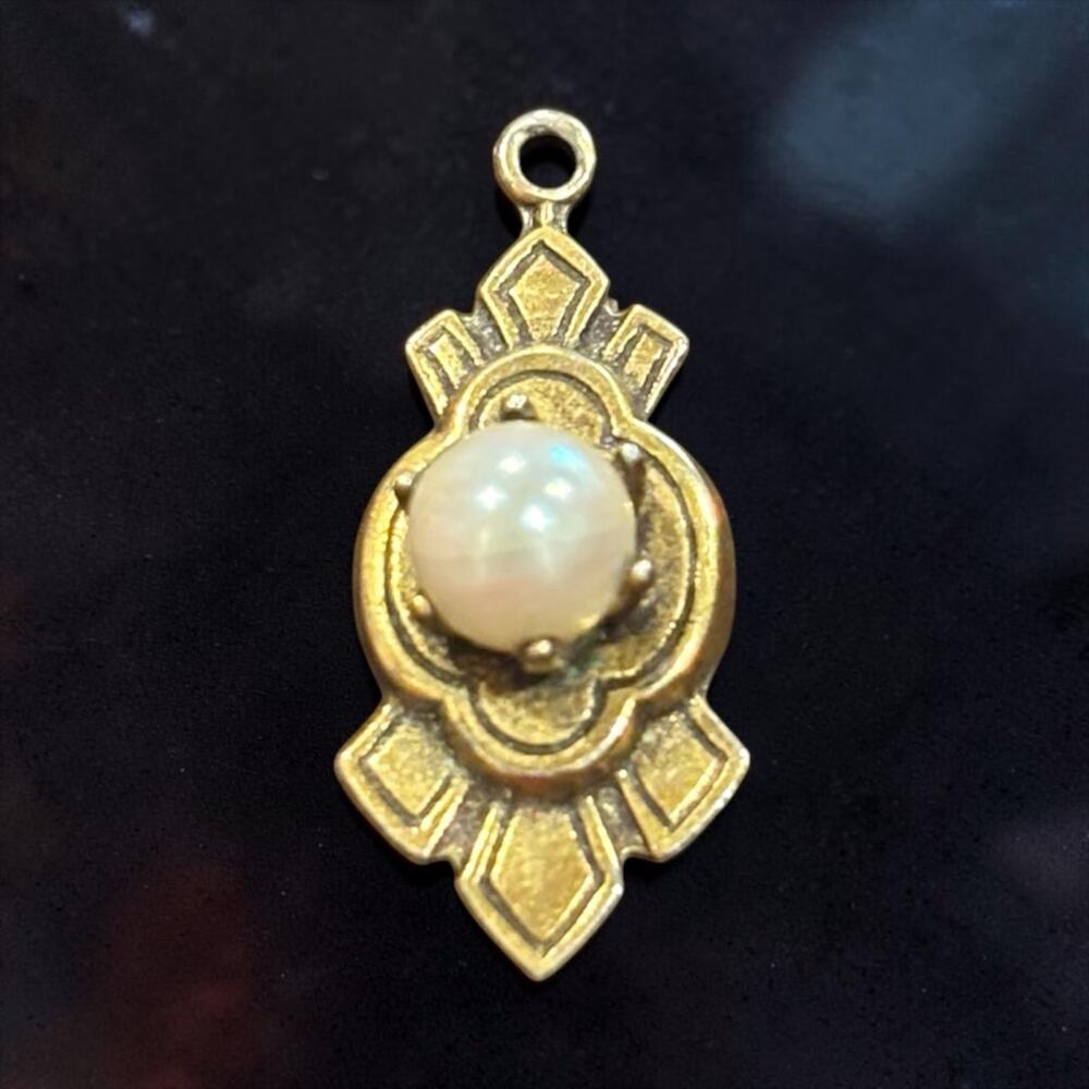 Antique 1920s Art Deco Opalescent Cabochon Pendant Gold Gilt Geometric